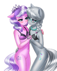 Size: 2400x3000 | Tagged: explicit, artist:racoonsan, diamond tiara, silver spoon, anthro, ass, banned from derpibooru, belly button, blue eyes, blushing, bra, braid, butt, clothes, cutie mark, duo, earth pony, edit, eyelashes, female, glasses, gray hair, grin, high res, holding hands, imported from twibooru, jewelry, lesbian, lolicon, looking at each other, multicolored hair, necklace, nudity, pearl necklace, purple eyes, purple hair, shipping, silvertiara, simple background, smiling, teeth, underage, underwear, vulva, white background