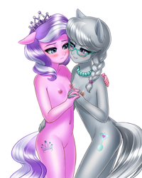 Size: 2400x3000 | Tagged: explicit, artist:racoonsan, diamond tiara, silver spoon, anthro, ass, banned from derpibooru, belly button, blue eyes, blushing, braid, breasts, butt, cutie mark, delicious flat chest, duo, earth pony, eyelashes, female, glasses, gray hair, grin, high res, holding hands, imported from twibooru, jewelry, lesbian, lolicon, looking at each other, multicolored hair, necklace, nipples, nudity, pearl necklace, purple eyes, purple hair, shipping, silvertiara, simple background, small breasts, smiling, teeth, tiara, underage, vulva, white background