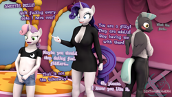Size: 1920x1080 | Tagged: questionable, artist:senthaurekmern, rarity, sweetie belle, series:late date night, 3d, aftersex, anthro, banned from derpibooru, belly button, breasts, carousel boutique, cleavage, clothes, daisy dukes, dialogue, dress shirt, english, female, implied lolicon, implied sweetielane, implied underage, imported from twibooru, lolicon, pants, part of a set, pegasus, shorts, skimpy outfit, tanktop, thunderlane, underage, unguligrade anthro, unicorn, vulgar