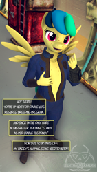 Size: 1080x1920 | Tagged: questionable, artist:senthaurekmern, oc, oc:apogee, 3d, anthro, banned from derpibooru, beckoning, belly button, child, clothes, crossover, dialogue, english, fallout, female, freckles, imported from twibooru, lolicon, oc only, pegasus, pip-boy, plantigrade anthro, shoes, solo, solo female, underage, undressing, unzipped, vault suit, vending machine