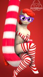 Size: 1080x1920 | Tagged: questionable, artist:senthaurekmern, 3d, anthro, banned from derpibooru, candy, candy cane, child, clothes, covering breasts, earth pony, female, food, functionally nude, glasses, gloves, imported from twibooru, lolicon, plantigrade anthro, sitting, smiling, socks, solo, solo female, striped gloves, striped socks, twist, underage