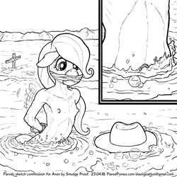 Size: 1500x1500 | Tagged: grimdark, questionable, artist:smudge proof, applejack, fluttershy, anthro, applejack's hat, banned from derpibooru, bondage, breasts, clothes, commission, cowboy hat, death, delicious flat chest, female, gag, hat, imminent death, imported from twibooru, lineart, lolicon, monochrome, quicksand, small breasts, underage