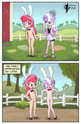 Size: 2620x4000 | Tagged: explicit, artist:horsepen, apple bloom, diamond tiara, alternate version, banned from derpibooru, belly button, blushing, bowtie, breasts, bunny ears, bunny suit, cellphone, clothes, cufflinks, delicious flat chest, embarrassed, embarrassed nude exposure, family appreciation day, female, human, humanized, humiliation, imported from twibooru, jewelry, lolicon, nipples, nudity, outfit, phone, playboy bunny, playboy bunny apple bloom, playboy bunny diamond tiara, small breasts, smug, sweet apple acres, taking a photo, tiara, underage, vagina, vulva, young