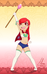 Size: 1200x1900 | Tagged: questionable, artist:thatdreamerarts, apple bloom, apple bloomers, armpits, banned from derpibooru, belly button, bucktooth, cameltoe, cape, clothes, female, human, humanized, imported from twibooru, lolicon, long socks, scepter, shorts, solo, underage