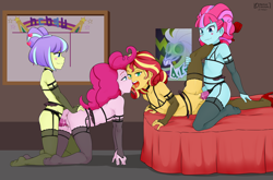 Size: 3799x2500 | Tagged: explicit, artist:oozutsucannon, pinkie pie, banned from derpibooru, child, female, females only, human, humanized, imported from twibooru, kiwi lollipop, lesbian, lolicon, sex, sex toy, strapon, sunset shimmer, supernova zap, underage, young, younger