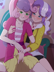 Size: 1200x1600 | Tagged: explicit, artist:rockset, diamond tiara, sweetie belle, banned from derpibooru, blushing, clothes, diamondbelle, equestria girls, female, fingering, imported from twibooru, lesbian, lolicon, sex, shipping, through clothes, underage