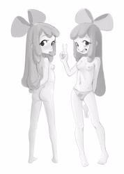 Size: 2246x3152 | Tagged: explicit, artist:examonedayago, apple bloom, banned from derpibooru, barefoot, bloom butt, breasts, butt, cameltoe, clothes, feet, female, grayscale, grin, human, humanized, imported from twibooru, lolicon, looking at you, monochrome, nudity, panties, peace sign, simple background, sketch, smiling, solo, underage, underwear, vulva, white background