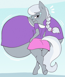 Size: 1425x1693 | Tagged: suggestive, artist:angstrom, silver spoon, anthro, banned from derpibooru, big breasts, breasts, clothes, earth pony, female, glasses, huge breasts, hyper, hyper breasts, imported from twibooru, impossibly large breasts, jewelry, lolicon, looking at you, looking back, looking back at you, necklace, open mouth, open smile, oppai loli, skirt, smiling, tail, underage, unguligrade anthro