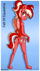 Size: 1429x2500 | Tagged: explicit, artist:anibaruthecat, oc, oc:cherry popped, anthro, ass, banned from derpibooru, butt, child, clothes, commission, condom, condom accessory, cum in condom, fall of equestria, female, hoof feet, imported from twibooru, lolicon, looking at you, looking back, nipples, nudity, oc only, panties, partial nudity, pegasus, pigtails, sex slave, slave, solo, solo female, thong, topless, underage, underwear, unguligrade anthro