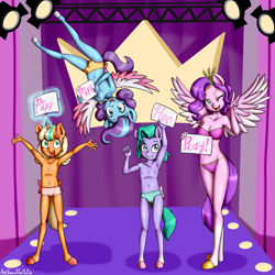 Size: 4500x4500 | Tagged: questionable, artist:anibaruthecat, anthro, armpits, banned from derpibooru, belly button, bow, boyshorts, bra, breasts, busty pipp petals, child, clothes, commission, delicious flat chest, earth pony, female, frilly underwear, g5, glory (g5), green underwear, hoof feet, imported from twibooru, lingerie, lolicon, magenta underwear, modeling, my little pony: tell your tale, nipples, nudity, panties, partial nudity, peace sign, peach fizz, peach print underwear, pegasus, phone, pipp petals, pipp pipp hooray, pippsqueak trio, seashell (g5), seashell print underwear, sign, stage, strapless bra, string panties, striped underwear, sun print underwear, tail bow, topless, underage, underwear, unguligrade anthro, unicorn, yellow underwear