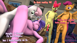 Size: 1920x1080 | Tagged: explicit, artist:senthaurekmern, apple bloom, scootaloo, sweetie belle, series:sweetie's sleepy spell, 3d, age difference, anthro, banned from derpibooru, breasts, complete nudity, cookiebelle, creampie, cum, cutie mark crusaders, delicious flat chest, dialogue, earth pony, english, female, flaccid, futa, futa apple bloom, futa cutie mark crusaders, futa loli, futa on female, futa scootaloo, futa sweetie belle, horsecock, imported from twibooru, incest, intersex, lolicon, molestation, nipples, nudity, pegasus, penetration, penis, sex, sleep molestation, sleeping, smiling, underage, unicorn, vaginal