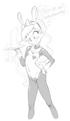 Size: 930x1591 | Tagged: suggestive, princess luna, anonymous artist, ballgag, banned from derpibooru, belly button, blushing, breasts, bunny ears, bunny suit, bunny tail, clothes, crown, dildo, female, gag, heart pasties, human, humanized, imported from twibooru, jewelry, leggings, lolicon, monochrome, pasties, playboy bunny princess luna, regalia, reverse bunny suit, sex toy, shy, simple background, sketch, small breasts, solo, solo female, speech bubble, sweat, tail, thighs, thought bubble, underage, white background