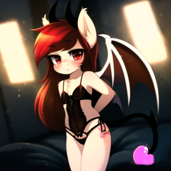 Size: 1472x1472 | Tagged: suggestive, artist:velvetcharm, oc, oc:velvet charm, ai generated, anthro, anthro oc, arm behind back, banned from derpibooru, bat ears, bat wings, bedroom, blushing, child, clothes, cute, cutie mark, demon horns, female, filly velvet charm, human, humanized, humanized oc, imported from twibooru, lingerie, lolicon, looking at you, novelai, oc only, red eyes, red mane, solo, solo female, solo focus, stable diffusion, succubus, succubus tail, underage, white skin, wings, young