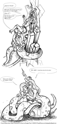 Size: 1500x3241 | Tagged: explicit, artist:smudge proof, queen chrysalis, 2 panel comic, age regression, banned from derpibooru, birthin, black and white, child, comic, commission, dialogue, female, fetish, grayscale, imported from twibooru, incest, lamia, lolicon, monochrome, original species, princess cadance, slave stream, speech bubble, transformation, unbirthing, underage, vore, young