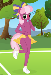 Size: 2546x3755 | Tagged: explicit, artist:tolpain, anthro, banned from derpibooru, blushing, breasts, cheerilee, cheerleader, clothes, dialogue, earth pony, exhibitionism, female, imported from twibooru, lolicon, looking at you, nudity, outdoors, public nudity, skirt, skirt lift, small breasts, underage, vulva, younger