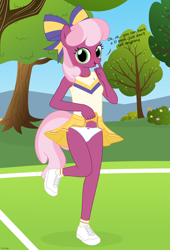 Size: 2546x3755 | Tagged: suggestive, artist:tolpain, anthro, banned from derpibooru, blushing, cheerilee, cheerleader, clothes, dialogue, earth pony, female, imported from twibooru, lolicon, looking at you, outdoors, panties, panty shot, skirt, skirt lift, underage, underwear, younger