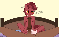 Size: 4283x2683 | Tagged: explicit, artist:tolpain, oc, oc:raspberry toffy, anthro, anthro oc, banned from derpibooru, blushing, breasts, delicious flat chest, dialogue, earth pony, feet, female, fetish, foot fetish, footjob, horsecock, imported from twibooru, lolicon, nipples, nudity, oc only, penis, small breasts, underage