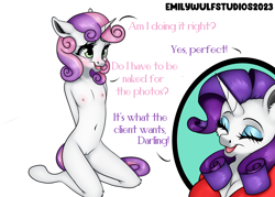 Size: 7000x5000 | Tagged: explicit, artist:emilywulfstudios, rarity, sweetie belle, anthro, banned from derpibooru, breasts, commission, delicious flat chest, dialogue, eyes closed, female, imported from twibooru, lolicon, nipples, nudity, paywalled source, porn, posing for photo, siblings, simple background, sisters, underage, unguligrade anthro, unicorn, vulva, white background