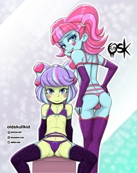 Size: 1417x1787 | Tagged: suggestive, artist:oldskullkid, banned from derpibooru, child, clothes, equestria girls, female, females only, imported from twibooru, kiwi lollipop, lingerie, lolicon, panties, supernova zap, thong, underage, underwear, young, younger