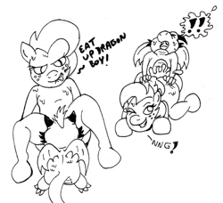Size: 700x637 | Tagged: explicit, artist:rdk, babs seed, oc, baby, baby dragon, banned from derpibooru, cunnilingus, dialogue, doggy style, dragon, duo, earth pony, female, filly, from behind, imported from twibooru, lolicon, male, male/female, oral, pony, semi-anthro, sex, shotacon, straight, straight shota, traditional art, underage