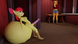 Size: 2560x1440 | Tagged: explicit, artist:littlesocks3, apple bloom, applejack, 3d, anthro, balls, banned from derpibooru, barn, big balls, boots, bottomless, clothes, earth pony, female, futa, hyper, hyper balls, imported from twibooru, impossibly large balls, intersex, lolicon, nudity, partial nudity, shoes, shorts, syringe, underage