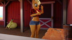 Size: 2560x1440 | Tagged: explicit, artist:littlesocks3, apple bloom, applejack, 3d, anthro, balls, banned from derpibooru, barn, big balls, boots, bottomless, clothes, earth pony, female, futa, imported from twibooru, impossibly large balls, intersex, lolicon, nudity, partial nudity, shoes, shorts, syringe, underage