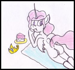 Size: 620x578 | Tagged: explicit, artist:rdk, princess celestia, alicorn, anthro, banned from derpibooru, butt, cake, cakelestia, eating, female, food, imported from twibooru, lolicon, nudity, solo, traditional art, underage, vulva