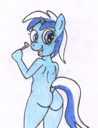 Size: 441x573 | Tagged: questionable, artist:rdk, age regression, anthro, ass, banned from derpibooru, braces, butt, female, imported from twibooru, lolicon, minuette, nudity, solo, traditional art, underage, unicorn