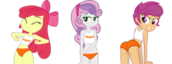 Size: 1918x710 | Tagged: suggestive, artist:apony4u, artist:succubi samus, apple bloom, scootaloo, sweetie belle, banned from derpibooru, belly button, blushing, butt, clothes, clothes edit, cutie mark crusaders, dancing, edit, edited edit, equestria girls, female, females only, hand on arm, imported from twibooru, lolicon, orange panties, raisins, scootabutt, simple background, tanktop, transparent background, underage, vector, vector edit