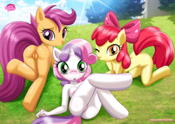 Size: 1837x1300 | Tagged: explicit, artist:bbmbbf, apple bloom, scootaloo, sweetie belle, ambiguous facial structure, anthro, anus, banned from derpibooru, butt, cutie mark crusaders, earth pony, equestria untamed, female, imported from twibooru, lolicon, nudity, palcomix, pegasus, scootabutt, sweetie butt, underage, unguligrade anthro, unicorn, vulva