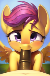 Size: 512x768 | Tagged: explicit, scootaloo, ai generated, anthro, banned from derpibooru, blowjob, blushing, faceless male, female, horsecock, imported from twibooru, lolicon, looking at you, male, male pov, novelai, nudity, offscreen character, oral, pegasus, penis, pov, sex, solo focus, straight, underage