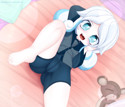 Size: 1557x1331 | Tagged: suggestive, artist:an-m, oc, oc:snowdrop, banned from derpibooru, cameltoe, female, human, humanized, humanized oc, imported from twibooru, lolicon, looking at you, oc only, part of a set, solo, solo female, teddy bear, tooth gap, underage