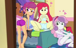 Size: 3000x1893 | Tagged: suggestive, artist:succubi samus, apple bloom, scootaloo, sweetie belle, banned from derpibooru, barefoot, bed, bedroom, belly button, black underwear, blue underwear, boyshorts, bra, breasts, butt, changing clothes, clothes, crop top bra, cute, cutie mark crusaders, edit, equestria girls, feet, female, females only, floating heart, heart, imported from twibooru, legs, lolicon, panties, pink underwear, room, scootabutt, show accurate, tight clothing, trio, trio female, twibooru original, underage, underwear, underwear aside, unembarrassed underwear exposure