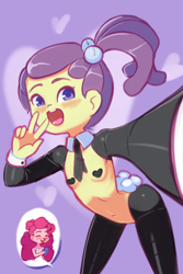 Size: 1280x1920 | Tagged: suggestive, artist:drantyno, pinkie pie, banned from derpibooru, belly button, child, equestria girls, female, imported from twibooru, ladyboner, lily pad (equestria girls), lilypie, lolicon, pasties, reverse bunny suit, selfie, underage, young, younger