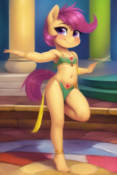 Size: 512x768 | Tagged: suggestive, scootaloo, ai generated, anthro, banned from derpibooru, belly button, belly dancer, belly dancer outfit, blushing, breasts, dancing, delicious flat chest, detailed background, female, imported from twibooru, lolicon, looking at you, novelai, plantigrade anthro, prompter:foal-harem, skimpy outfit, small breasts, smiling, smiling at you, underage
