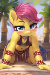 Size: 512x768 | Tagged: suggestive, scootaloo, ai generated, all fours, anthro, banned from derpibooru, bedroom eyes, belly button, belly dancer, belly dancer outfit, blushing, breasts, delicious flat chest, detailed background, female, imported from twibooru, lolicon, looking at you, novelai, prompter:foal-harem, skimpy outfit, small breasts, smiling, smiling at you, solo, solo female, underage