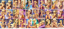 Size: 5251x2403 | Tagged: suggestive, applejack, age regression, ai generated, anthro, banned from derpibooru, belly button, belly dancer, belly dancer outfit, blushing, breasts, collage, dancing, delicious flat chest, detailed background, earth pony, female, imported from twibooru, lolicon, looking at you, prompter:foal-harem, skimpy outfit, small breasts, smiling, solo, underage, unguligrade anthro