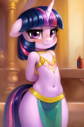 Size: 512x768 | Tagged: suggestive, twilight sparkle, age regression, ai generated, anthro, banned from derpibooru, belly button, belly dancer, belly dancer outfit, blushing, breasts, delicious flat chest, detailed background, female, imported from twibooru, lolicon, looking at you, novelai, prompter:foal-harem, skimpy outfit, small breasts, smiling, smiling at you, solo, solo female, underage, unicorn