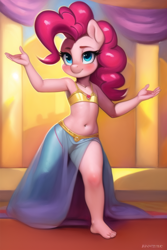 Size: 512x768 | Tagged: suggestive, pinkie pie, age regression, ai generated, anthro, banned from derpibooru, barefoot, belly button, belly dancer, belly dancer outfit, blushing, breasts, clothes, dancing, delicious flat chest, detailed background, earth pony, feet, female, harem outfit, imported from twibooru, lolicon, novelai, plantigrade anthro, prompter:foal-harem, see-through, skimpy outfit, small breasts, smiling, solo, solo female, underage