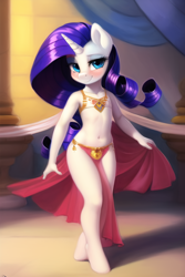 Size: 512x768 | Tagged: suggestive, rarity, age regression, ai generated, anthro, banned from derpibooru, bedroom eyes, belly button, belly dancer, belly dancer outfit, blushing, detailed background, explicit source, female, g4, imported from twibooru, lolicon, looking at you, prompter:foal-harem, smiling, solo, solo female, underage, unguligrade anthro, unicorn