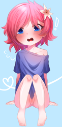 Size: 1084x2219 | Tagged: explicit, artist:p0kan1, oc, oc:kayla, banned from derpibooru, bottomless, clothes, female, flower, flower in hair, human, humanized, humanized oc, imported from twibooru, lolicon, nudity, oc only, oversized clothes, oversized shirt, partial nudity, shirt, sitting, solo, underage, vulva