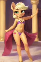 Size: 512x768 | Tagged: suggestive, applejack, age regression, ai generated, anthro, banned from derpibooru, belly button, belly dancer, belly dancer outfit, blushing, breasts, dancing, delicious flat chest, detailed background, earth pony, female, imported from twibooru, lolicon, looking at you, prompter:foal-harem, skimpy outfit, small breasts, smiling, solo, underage, unguligrade anthro