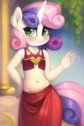 Size: 512x768 | Tagged: suggestive, sweetie belle, ai generated, anthro, banned from derpibooru, belly button, belly dancer, belly dancer outfit, blushing, breasts, child, delicious flat chest, detailed background, explicit source, female, glowing horn, horn, imported from twibooru, lolicon, looking at you, novelai, prompter:foal-harem, small breasts, solo, solo female, underage, unicorn