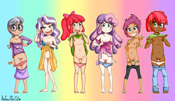 Size: 1894x1095 | Tagged: explicit, artist:anibaruthecat, apple bloom, babs seed, diamond tiara, scootaloo, silver spoon, sweetie belle, banned from derpibooru, barefoot, blue underwear, chest freckles, clothes, dress lift, feet, female, flashing, flower pattern underwear, flower print underwear, freckles, frilly underwear, green underwear, hip freckles, human, human coloration, humanized, ice cream underwear, imported from twibooru, lolicon, nipples, nudity, panties, panties around legs, panties pulled down, pants, pants down, partial nudity, pink underwear, polka dot underwear, purple underwear, shirt, shirt lift, skirt down, star print underwear, starry underwear, underage, underwear, yellow underwear