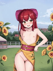 Size: 2073x2764 | Tagged: explicit, apple bloom, adorabloom, ai generated, banned from derpibooru, blushing, breasts, clothes, cute, delicious flat chest, exhibitionism, female, flower, human, humanized, imported from twibooru, kimono (clothing), lolicon, looking at you, nipples, nudity, open mouth, outdoors, public nudity, small breasts, solo, stable diffusion, sunflower, underage, undressing, vulva