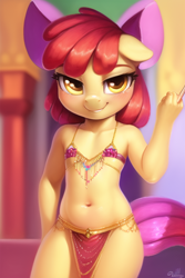 Size: 512x768 | Tagged: suggestive, apple bloom, ai generated, anthro, banned from derpibooru, bedroom eyes, belly button, belly dancer, belly dancer outfit, breasts, delicious flat chest, earth pony, female, imported from twibooru, lolicon, looking at you, novelai, prompter:foal-harem, skimpy outfit, smiling, smiling at you, solo, solo female, stable diffusion, underage