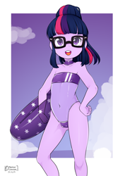 Size: 2894x4093 | Tagged: suggestive, artist:oozutsucannon, twilight sparkle, banned from derpibooru, cameltoe, child, clothes, equestria girls, female, glasses, gris swimsuit, imported from twibooru, inner tube, lolicon, looking at you, solo, solo female, swimsuit, underage, young, younger