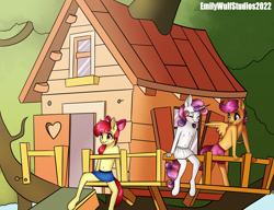 Size: 6500x5000 | Tagged: questionable, artist:emilywulfstudios, apple bloom, scootaloo, sweetie belle, alternate version, anthro, banned from derpibooru, blushing, breasts, clothes, clubhouse, cutie mark crusaders, delicious flat chest, earth pony, eyes closed, female, imported from twibooru, lolicon, nipples, nudity, partial nudity, paywalled source, pegasus, sitting, skirt, standing, topless, underage, unguligrade anthro, unicorn