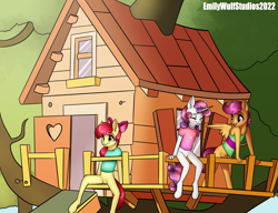 Size: 6500x5000 | Tagged: explicit, artist:emilywulfstudios, apple bloom, scootaloo, sweetie belle, alternate version, anthro, banned from derpibooru, blushing, bottomless, clothes, clubhouse, cutie mark crusaders, earth pony, eyes closed, female, imported from twibooru, lolicon, nudity, partial nudity, paywalled source, pegasus, sitting, standing, underage, unguligrade anthro, unicorn, vulva