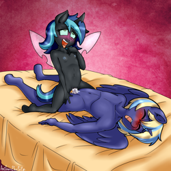 Size: 3500x3500 | Tagged: explicit, artist:anibaruthecat, oc, oc:prince dusk, oc:young queen, alicorn, alicorn oc, anthro, banned from derpibooru, blushing, breasts, changeling, changeling oc, clitoris, cowgirl position, creampie, delicious flat chest, female, horn, imported from twibooru, lolicon, male, nudity, penetration, penis, sex, shotacon, straight, straight loli, straight shota, teenager, underage, unguligrade anthro, vaginal, vaginal creampie, wings